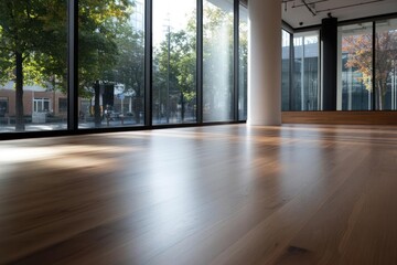 Poster - Bright interior space with wooden floor large glass windows natural light and cityscape view outside a white column is in the middle of the scene