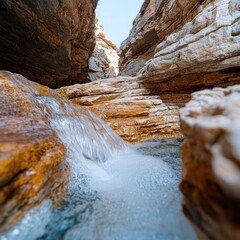 Aufkleber - Close up of a stream cascading through a narrow canyon with textured rock formations in warm tones under a clear blue sky reflecting water movement