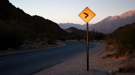 Aufkleber - Serpentine desert road curves through arid mountains illuminated by the setting sun with a directional sign guiding the way under a clear sky in daytime