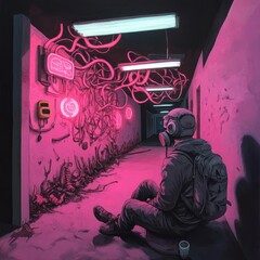 Poster - Person in respirator sits in a neon-lit hallway. The scene features pink lighting, electrical wiring, and a backpack
