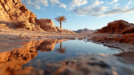 Poster - A desert landscape scene with a small body of water reflecting a lone tree under a blue sky with clouds rocky formations and an open landscape with a warm sunset glow