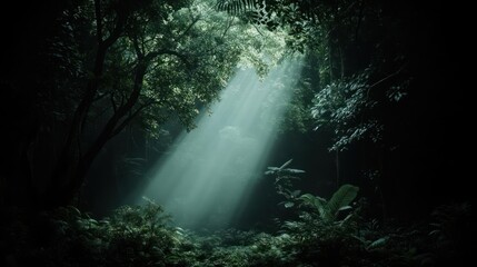 Poster - Sunlight piercing through lush forest canopy creating a mystical ambiance illuminated by light creating a magical atmosphere