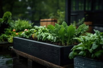 Poster - A close-up view of a rectangular black planter box filled with vibrant green leafy vegetables with water droplets on the leaves, set against a blurred background of plants and rain