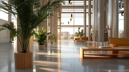 Poster - Bright interior with indoor plants and sunlight. Modern architectural design with open space and minimalist furniture. View of sunlight and nature