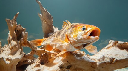 Poster - Close-up of a vibrant orange fish with mouth open perched atop textured driftwood in an aquarium setting. The background is a serene blue color