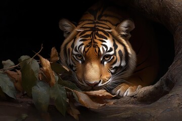 Poster - Close-up portrait of a tiger emerging from a dark den with intense gaze showcasing its stripes and textures with foliage