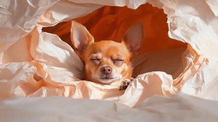 Leinwandbilder - Generic dog resting inside crumpled paper with closed eyes in soft lighting and warm tones