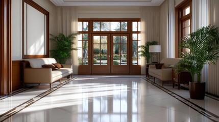 Poster - Sunlit interior scene with beige sofas potted plants and a wooden door and window framing an outdoor garden view. Marble flooring reflection