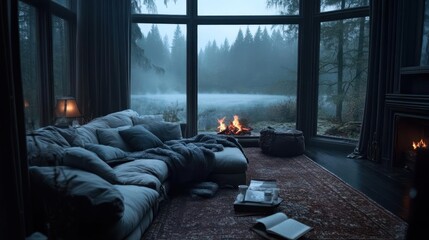 Aufkleber - Cozy living room scene with large window overlooking forest lake fireplace and comfortable sofa perfect for relaxation