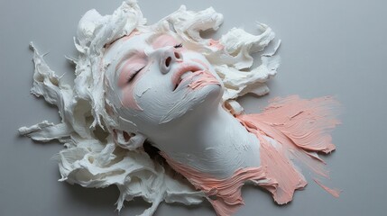 Poster - Artistic depiction of a woman's face sculpted from pixelated elements with a surreal effect. Pink color on the face with grey background, with abstract, digital, concept