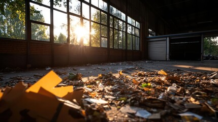 Poster - Bright sunlight streams through large industrial windows illuminating debris inside a decaying structure, creating a dramatic scene of light and shadow