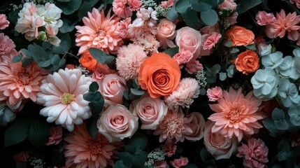 Aufkleber - Floral arrangement featuring various blooms in shades of pink and orange with dark green foliage creating a textured surface in natural light