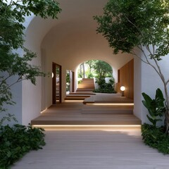 Poster - Architectural interior view of a modern home entrance featuring arched doorways a wooden walkway and staircase flanked by lush greenery and soft lighting