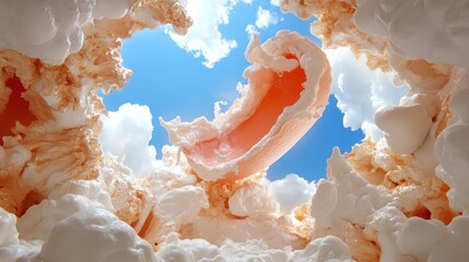 Aufkleber - Abstract landscape with textured formations in shades of white and pink under a vibrant blue sky with fluffy clouds