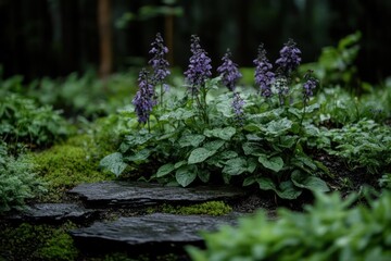Poster - Close-up of purple flowers in a lush green garden with textured foliage and stone details under natural lighting