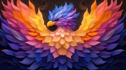 Aufkleber - Colorful phoenix bird illustration with vibrant plumage wings spread against dark background. Featuring hues of blue orange and purple a digital art fantasy. 