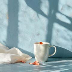 Poster - White mug with a slice of orange on a pale blue surface with draped white cloth sunlight creating shadows