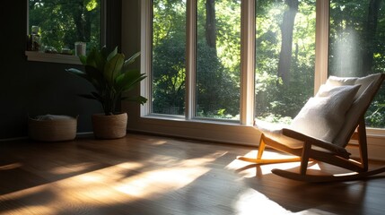 Aufkleber - Interior scene with sunlight streaming through large windows illuminating a rocking chair houseplant and baskets creating a tranquil atmosphere