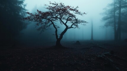 Poster - A solitary tree with reddish leaves stands in a foggy forest. The scene evokes a mysterious mood with dark tones and dim light. The foreground is covered with fallen leaves