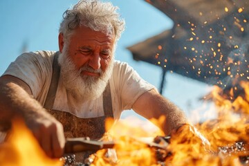Poster - Senior blacksmith working metal in a bright outdoor setting with fiery flames and sparks. Close up of a craftsman with a white beard and apron