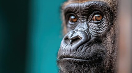 Poster - Close up portrait of a primate with intense gaze featuring detailed texture of its dark fur and observing from the side in a zoo