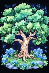 Wall Mural - Lush, vibrant tree with blue flowers, glowing particles. generative ai