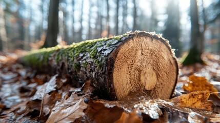 Poster - Close-up shot of a log covered in moss with fallen autumn leaves in a forest setting illuminated by sunlight creating warm atmosphere
