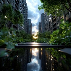 Poster - Cityscape view with lush greenery reflecting in a water feature tall buildings dramatic sky and sunlight creating a serene atmosphere