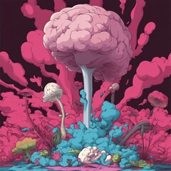 Aufkleber - A surreal digital artwork featuring a large pink brain rising from a landscape of stylized plants and mushrooms against a dark background