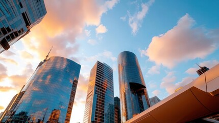Poster - Low angle shot of modern skyscrapers against a vibrant sunset sky reflecting light and color creating a warm, dramatic urban scene