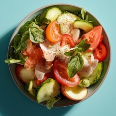 Poster - Overhead view of a colorful salad in a bowl features fresh tomatoes cucumbers basil leaves and parmesan cheese on a teal surface