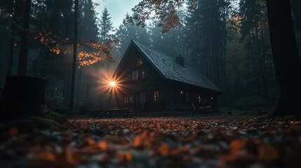 Poster - Rustic wooden cabin illuminated with warm light nestled within a dense autumn forest ground covered with fallen orange leaves with moody atmosphere