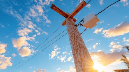 Fototapete - Wooden electricity pole with wires against a blue sky with clouds. The sun shines from behind the pole creating a lens flare effect. The scene conveys a sunny day