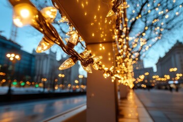 Aufkleber - Close-up of warm white string lights decorating a building's edge in an urban environment with blurred cityscape background creating a festive mood