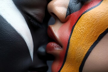 Poster - Close-up of two faces painted with contrasting colors black and white against red and yellow creating a modern aesthetic