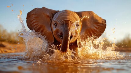 Aufkleber - Young Animal Splashing in Water with Brown Skin and Big Ears in a Sunny Environment. Water droplets and sunny backdrop create a dynamic scene