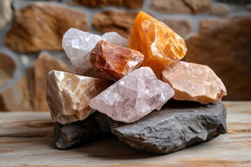Fototapete - Collection of assorted crystals in different colors on a wooden surface with stone background studio lighting