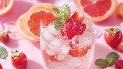 Poster - A refreshing cocktail with strawberries grapefruit and mint sprigs over ice on pink background. A vibrant food and drink scene