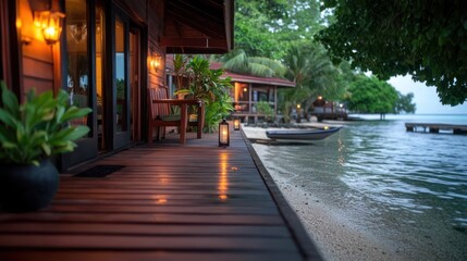 Poster - Wooden cabin exterior at waterside with warm lighting during dusk. The scene depicts a serene atmosphere with details of a boat on water and lush greenery around