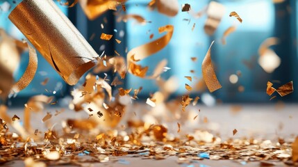 Poster - Close-up of falling golden confetti and streamers with blurred background creates festive atmosphere