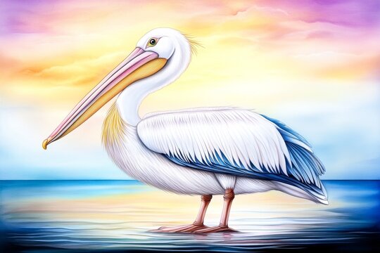 A dreamy watercolor portrait of a pelican standing in shallow water with soft pastel colors