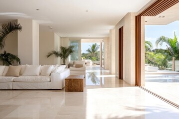 Poster - Luxurious modern interior living space with marble floor large white sofa wooden table open doors to a sunny outdoor with plants. Neutral and bright color scheme