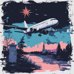 Poster - An airplane taking off over a river and a town at night under a starry sky pixel art style
