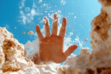 Poster - Hand reaching up through splashing water and bright blue sky, with white rock formations in foreground and background, creating dynamic abstract scene