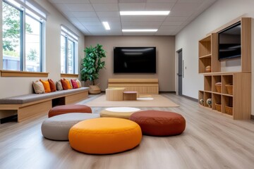 Poster - Interior view of modern lounge area with colorful seating and wooden furniture natural light from the windows creates a calm and inviting atmosphere