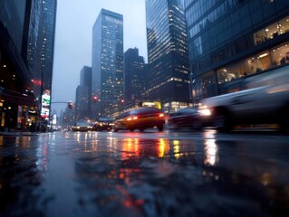 Aufkleber - City street scene on rainy day reflecting lights of skyscrapers and moving vehicles on wet asphalt creating a sense of urban atmosphere and motion in this metropolitan setting