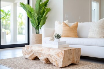 Aufkleber - Elegant interior design living room with light-colored sofa and decorative pillows coffee table and tropical plant near window providing natural light
