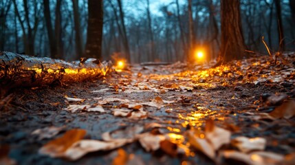 Poster - Low angle view of pathway through moody forest with fallen leaves and two illuminated orbs