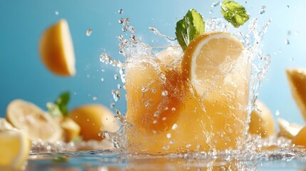 Aufkleber - A refreshing drink with splashing water lemon slices and mint leaves against a bright blue background