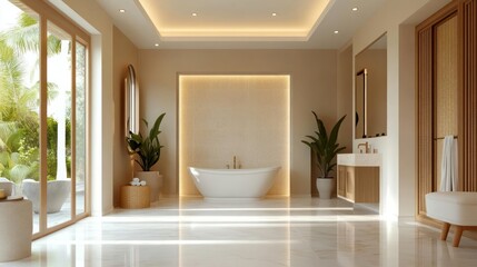 Fototapete - Luxurious bathroom interior with large windows natural light a bathtub plants and modern design elements offering a serene and spa-like atmosphere